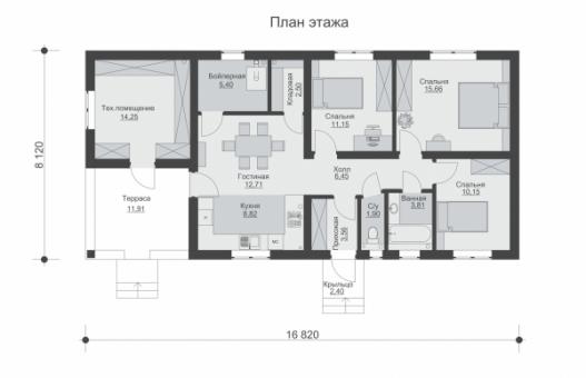 Одноэтажный дом с террасой и тремя спальнями